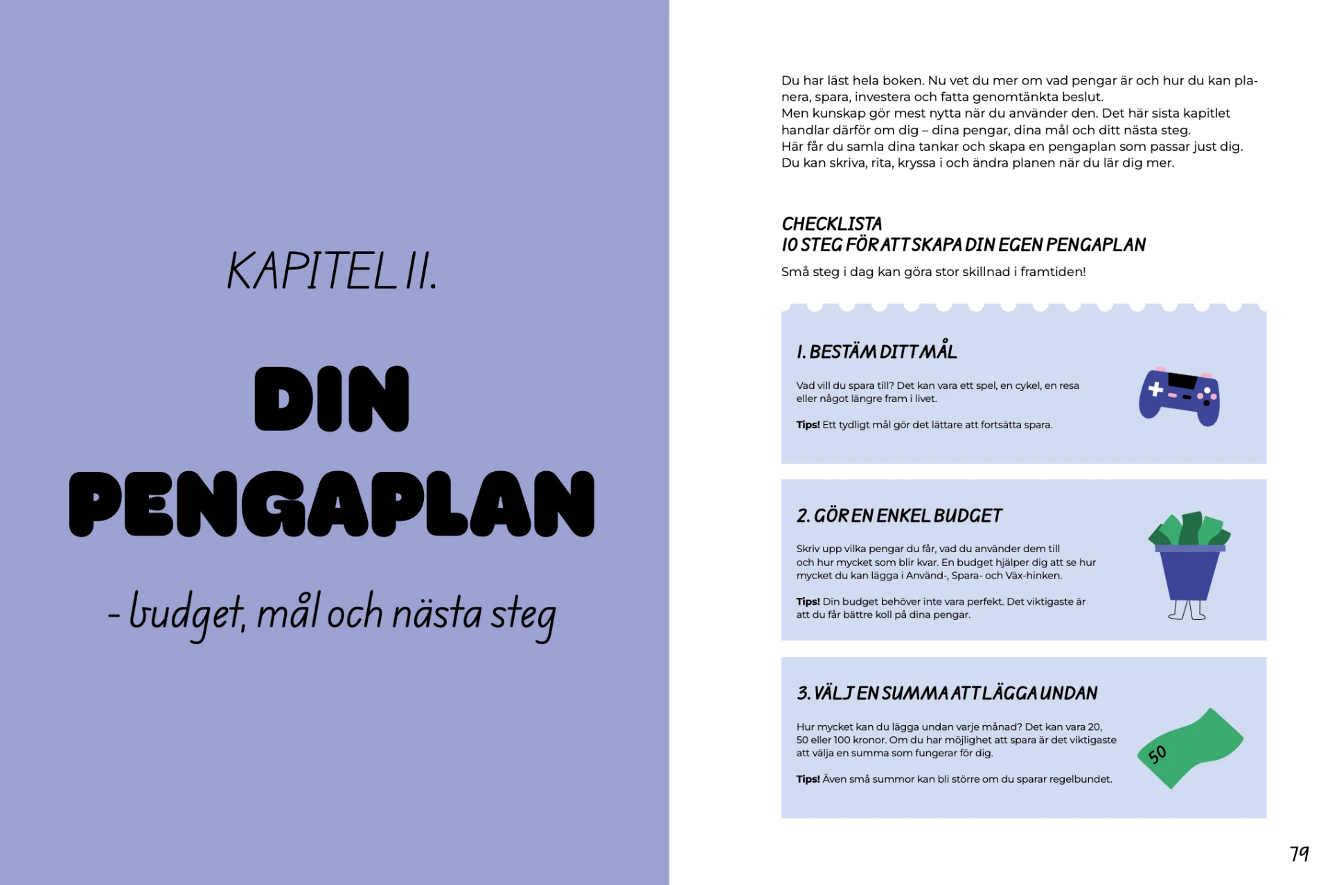 Uppslag med kapitelomslaget till kapitel 11: Din pengaplan och en checklista i tio steg