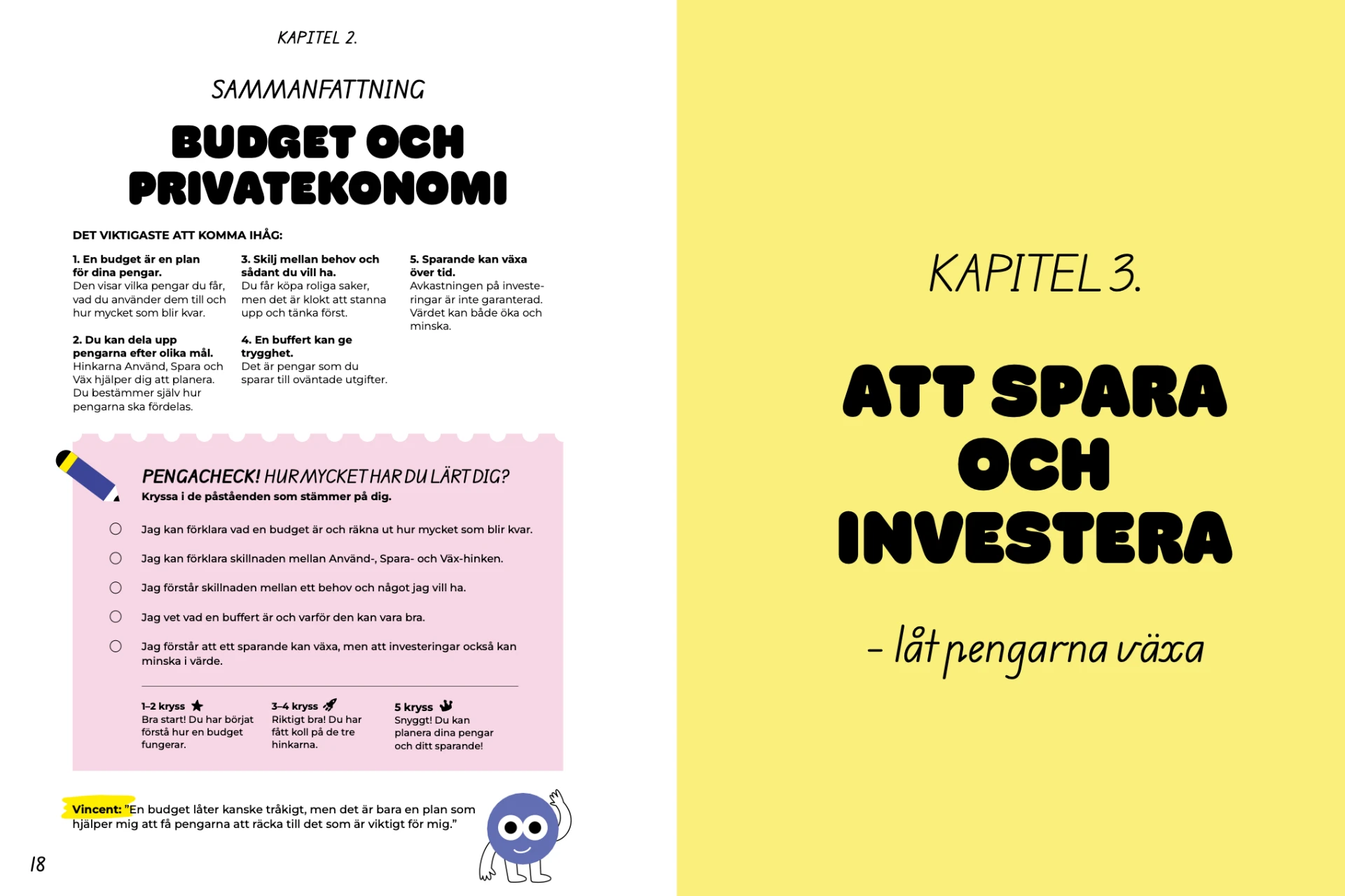Uppslag med sammanfattning av kapitel 2 och kapitelomslaget till kapitel 3: Att spara och investera
