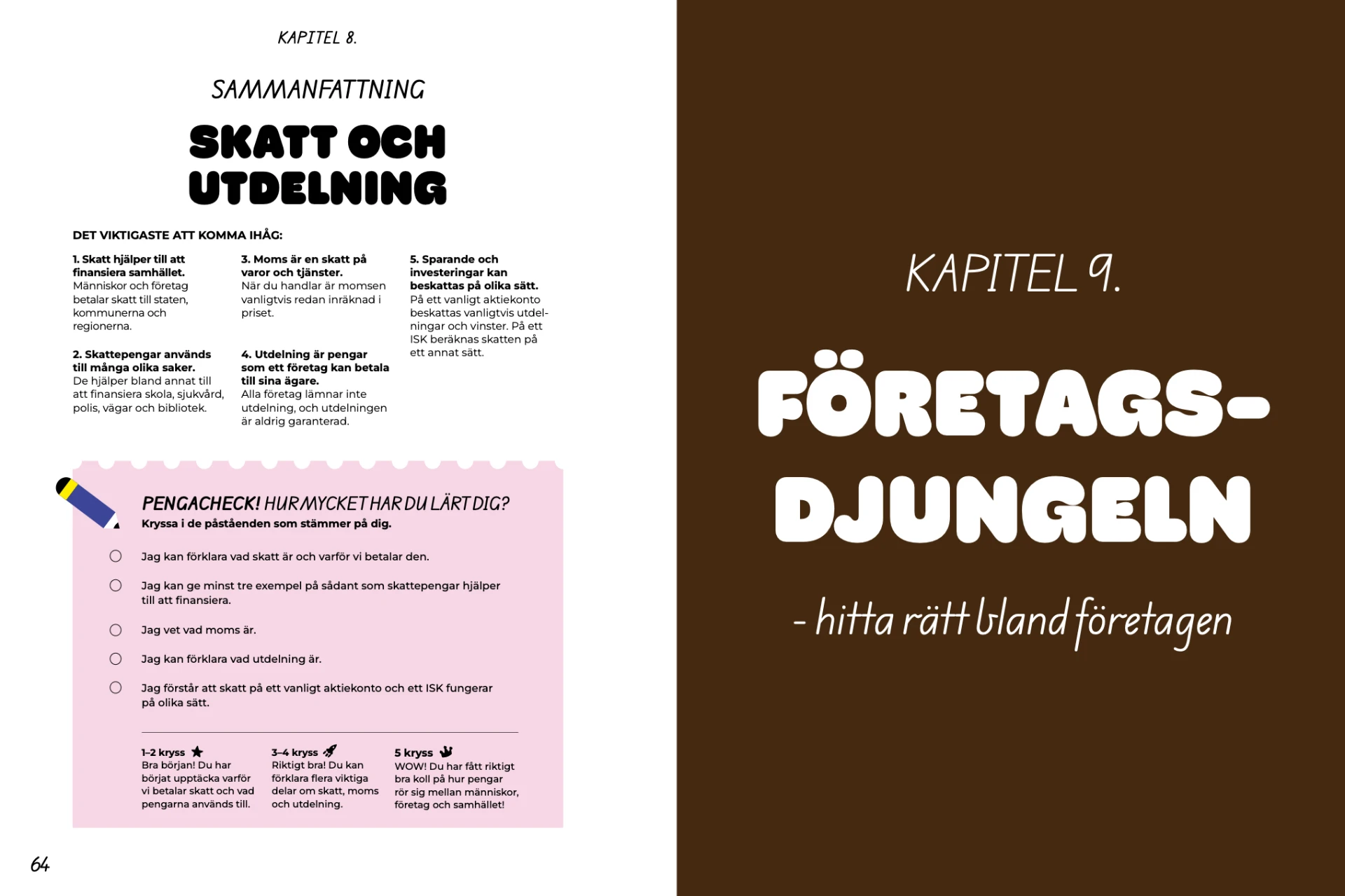 Uppslag med sammanfattning av kapitel 8 och kapitelomslaget till kapitel 9: Företagsdjungeln