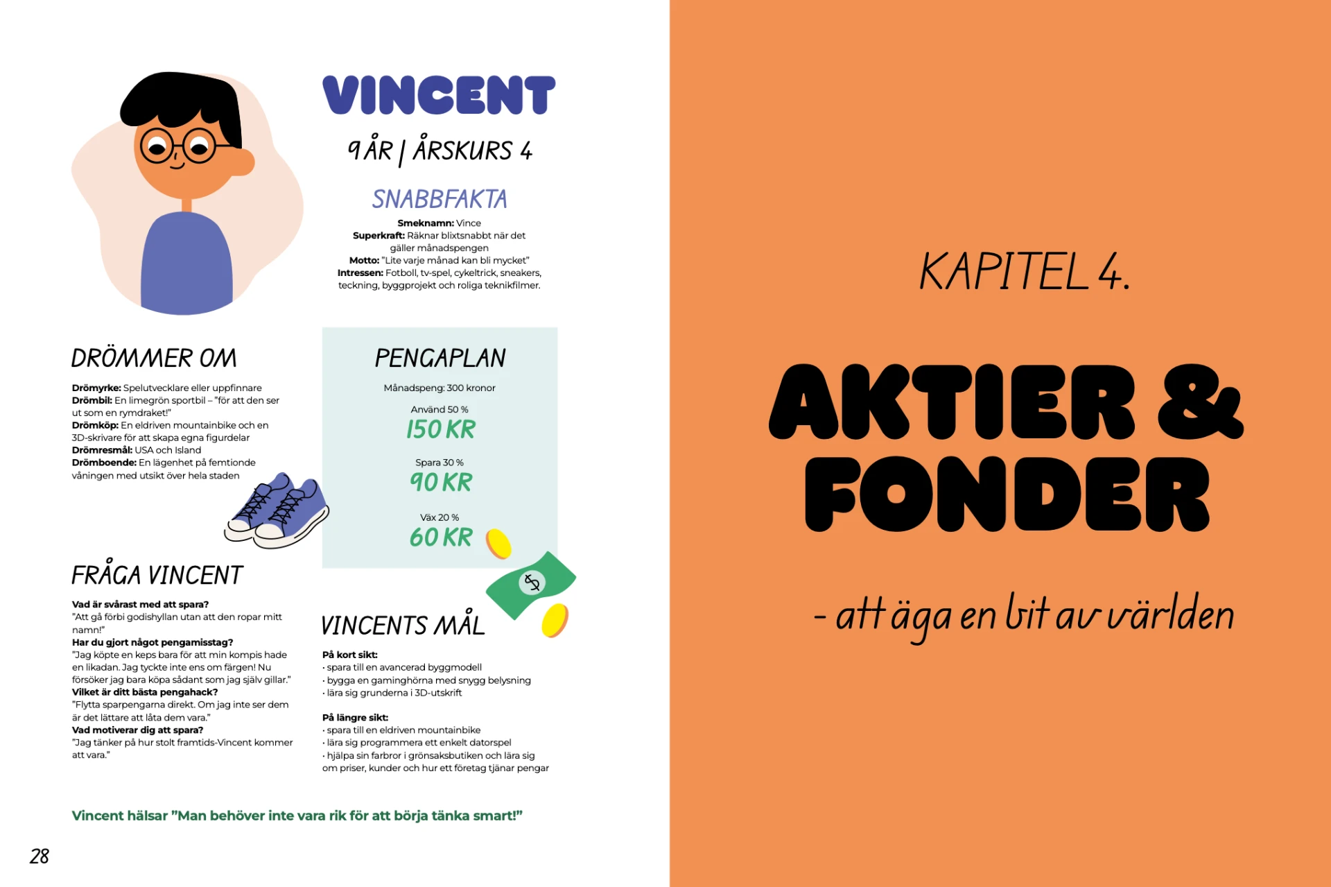 Uppslag med karaktärsbilden Vincent, 9 år, och kapitelomslaget till kapitel 4: Aktier och fonder